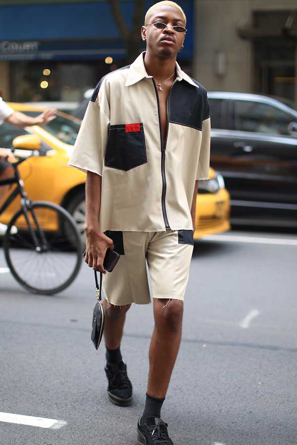 "黒・アイボリーバイカラー半袖シャツ×ショートパンツセットアップ×PUMAスウェード